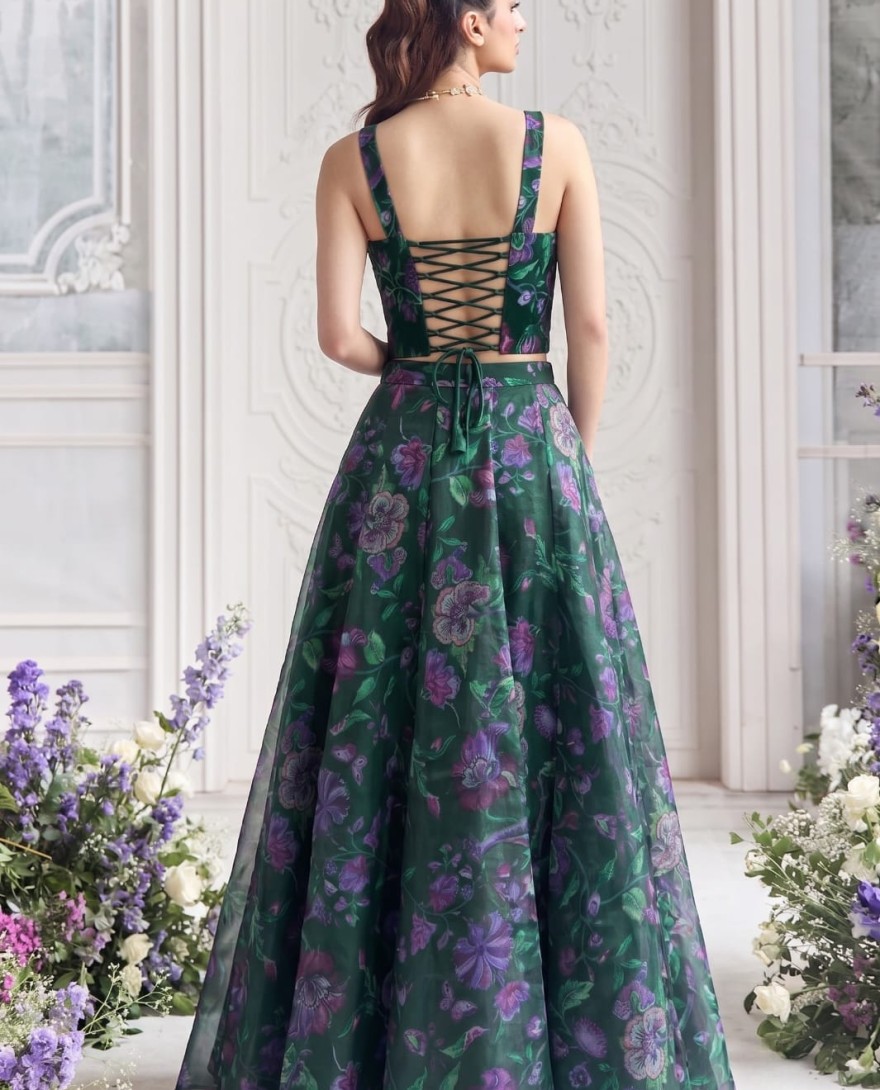 GREEN - Green Floral Tabby Organza Party Wear Lehenga Set